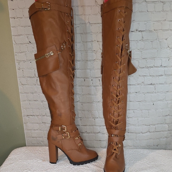 ShoeDazzle Elira Thigh High Corset Boots with Utility Pocket – Tan/Cognac Size 9